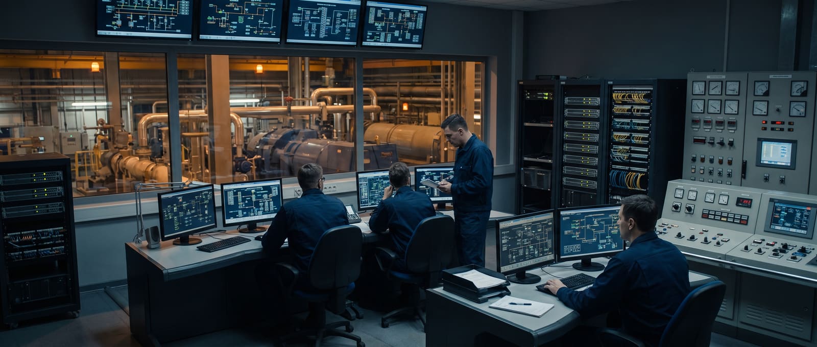 Operators collaborating in an industrial control room overlooking plant infrastructure